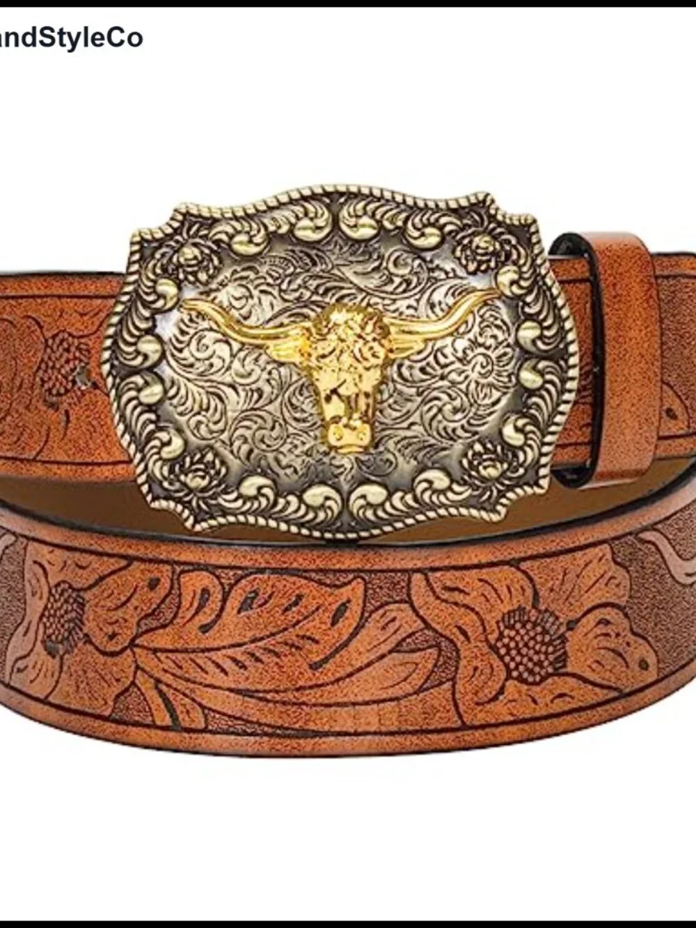 PU Leather Western Belt Cowboy Engraved Buckle Unisex Women Men